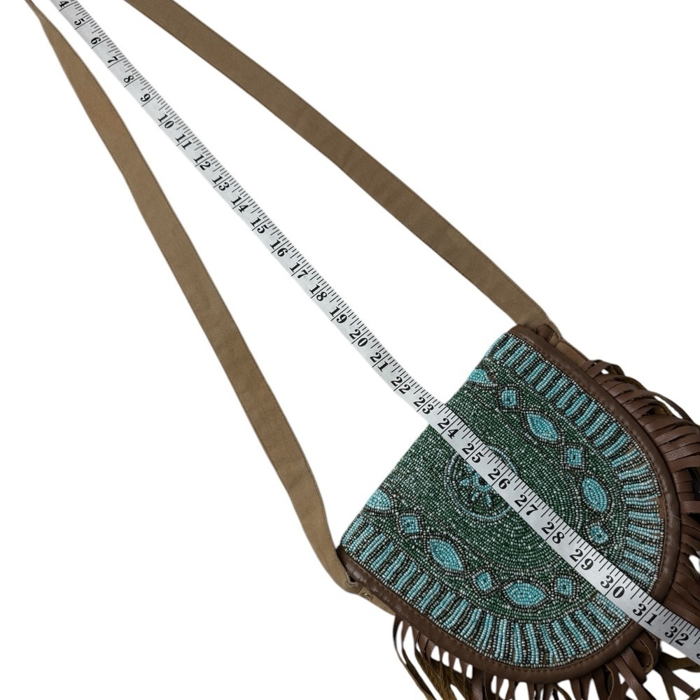 Beaded Fringe Crossbody Bag - Green turquoise and Brown 46” Strap Boho Country - Picture 11 of 12